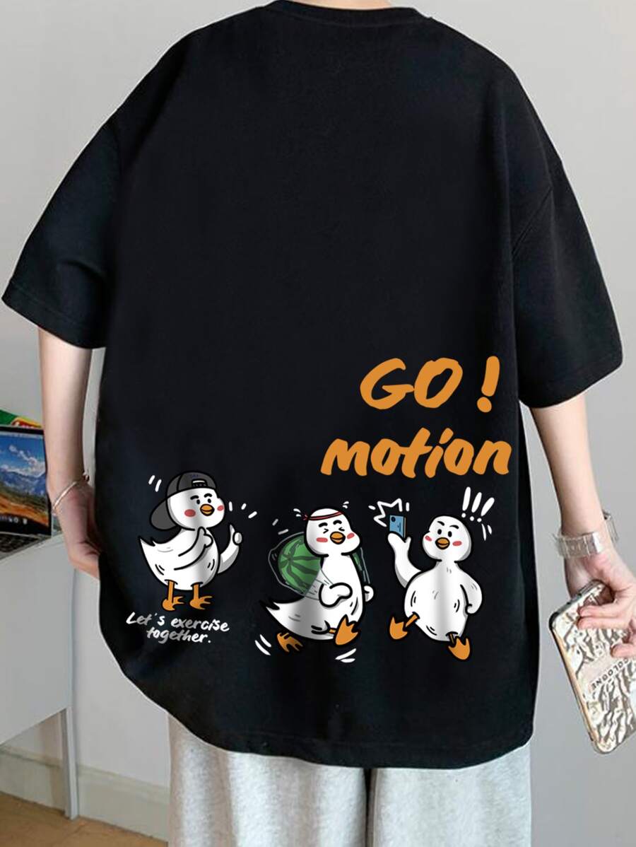 Manfinity Hypemode 男士寬鬆卡通及口號印圖案的坠肩t恤 - 黑色 - 查看 1