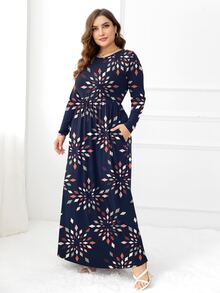 DEARCASE Plus Size Geo Print Hidden Pocket Dress - Navy Blue - View 4