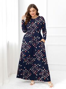 DEARCASE Plus Size Geo Print Hidden Pocket Dress - Navy Blue - View 1