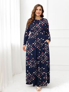 DEARCASE Plus Size Geo Print Hidden Pocket Dress - Navy Blue - View 5