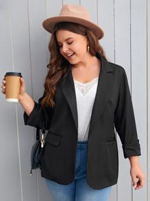 SHEIN LUNE Plus Lapel Neck Roll Tab Sleeve Open Front Blazer - Black - View 1