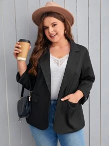 SHEIN LUNE Plus Lapel Neck Roll Tab Sleeve Open Front Blazer - Black - View 3