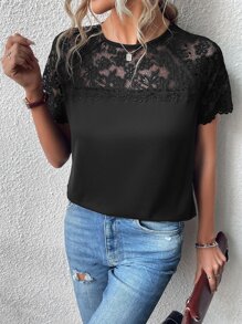 SHEIN Clasi Camiseta con encaje en contraste de manga raglán de espalda con abertura de ojo - Negro - Ver 4