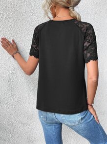 SHEIN Clasi Camiseta con encaje en contraste de manga raglán de espalda con abertura de ojo - Negro - Ver 2