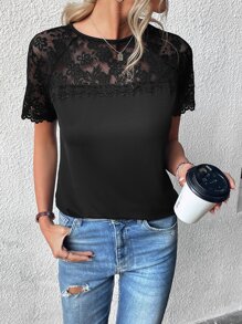SHEIN Clasi Camiseta con encaje en contraste de manga raglán de espalda con abertura de ojo - Negro - Ver 3
