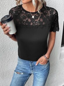 SHEIN Clasi Camiseta con encaje en contraste de manga raglán de espalda con abertura de ojo - Negro - Ver 5