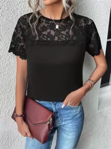 SHEIN Clasi Camiseta con encaje en contraste de manga raglán de espalda con abertura de ojo - Negro - Ver 1