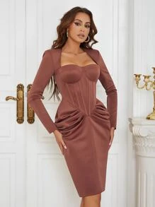 Vestido escote corazón fruncido bustier con abertura trasera con hombrera - Marrón - Ver 1