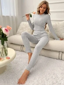 Solid Ribbed Knit Lounge Set - Light Grey - View 1