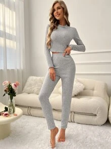 Solid Ribbed Knit Lounge Set - Light Grey - View 4