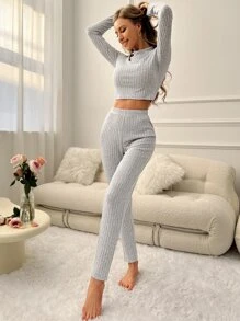 Solid Ribbed Knit Lounge Set - Light Grey - View 5