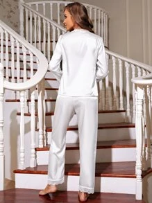 V Neck Satin PJ Set - White - View 2