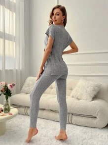 Batwing Sleeve Split Hem Lounge Set - Light Grey - View 2