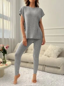 Batwing Sleeve Split Hem Lounge Set - Light Grey - View 4