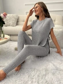 Batwing Sleeve Split Hem Lounge Set - Light Grey - View 1