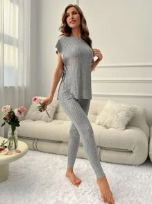 Batwing Sleeve Split Hem Lounge Set - Light Grey - View 7