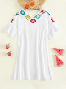 Girls Crochet Panel Flounce Sleeve Cover Up - White - View 1