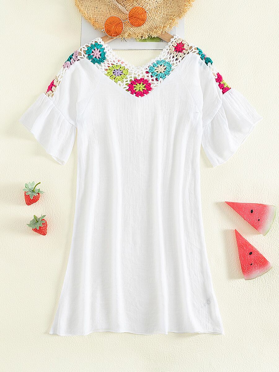 Girls Crochet Panel Flounce Sleeve Cover Up - White - View 1