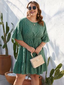 SHEIN LUNE Vestido smock con estampado de lunares bajo con fruncido - Verde - Ver 2