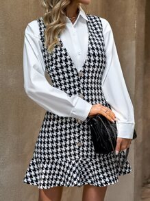 SHEIN Essnce Houndstooth Print Ruffle Hem Dress Without Blouse - Black and White - View 3