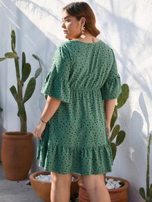 SHEIN LUNE Vestido smock con estampado de lunares bajo con fruncido - Verde - Ver 3