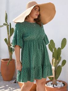 SHEIN LUNE Vestido smock con estampado de lunares bajo con fruncido - Verde - Ver 4
