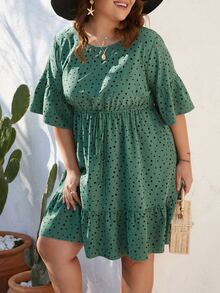 SHEIN LUNE Vestido smock con estampado de lunares bajo con fruncido - Verde - Ver 5