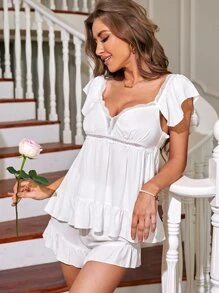 Butterfly Sleeve Ruffle Hem Top & Shorts PJ Set - White - View 1