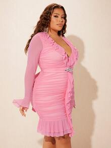 SHEIN SXY Vestido ajustado con diseño de diamante de imitación fruncido bajo con fruncido - Rosa - Ver 4