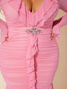 SHEIN SXY Vestido ajustado con diseño de diamante de imitación fruncido bajo con fruncido - Rosa - Ver 6