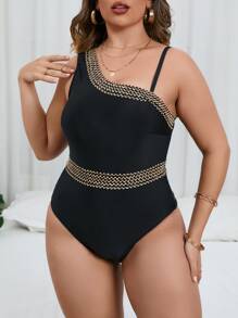 大碼針腳細節連體泳衣 - 黑色 - 查看 1