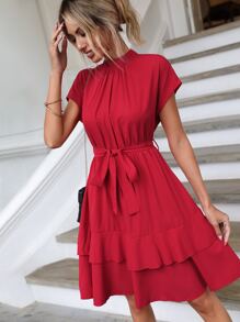 SHEIN Clasi Mock Neck Ruffle Hem Belted Dress - Red - View 1