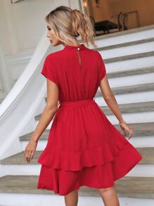 SHEIN Clasi Mock Neck Ruffle Hem Belted Dress - Red - View 2