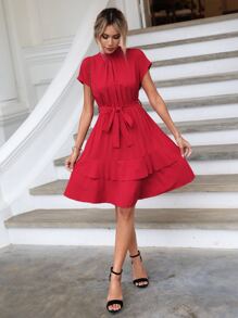 SHEIN Clasi Mock Neck Ruffle Hem Belted Dress - Red - View 4