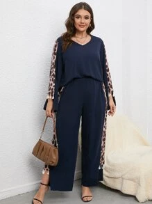 SHEIN LUNE con estampado de leopardo Camiseta & Pantalones de pierna ancha - Azul Marino - Ver 1