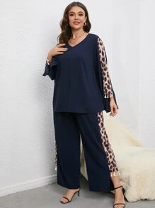 SHEIN LUNE con estampado de leopardo Camiseta & Pantalones de pierna ancha - Azul Marino - Ver 4