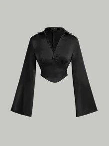 SHEIN MOD Solid Satin Asymmetrical Hem Crop Blouse - Black - View 2