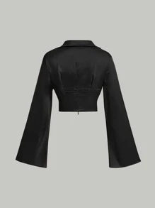 SHEIN MOD Solid Satin Asymmetrical Hem Crop Blouse - Black - View 4