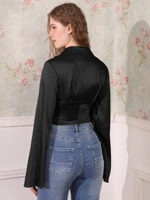 SHEIN MOD Solid Satin Asymmetrical Hem Crop Blouse - Black - View 5