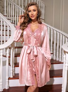 Lace Trim Satin Slip Dress & Belted Robe - Pink - View 6