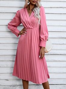 SHEIN Clasi Surplice Neck Pleated Hem A-Line Dress - Pink - View 4