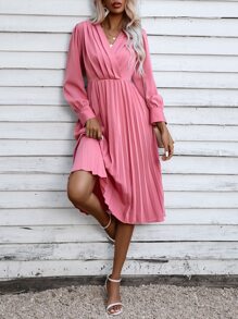 SHEIN Clasi Surplice Neck Pleated Hem A-Line Dress - Pink - View 5