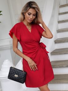 SHEIN VCAY Butterfly Sleeve Knot Side Wrap Dress - Red - View 3