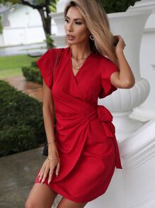 SHEIN VCAY Butterfly Sleeve Knot Side Wrap Dress - Red - View 4