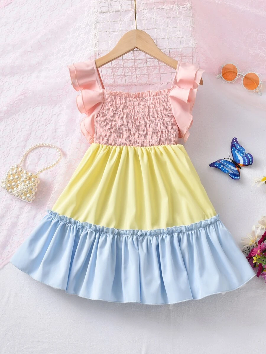 小女童撞色荷葉邊荷葉邊下擺連衣裙 - 彩色 - 查看 1