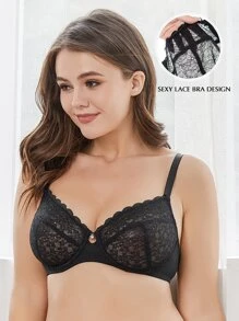 WINGSLOVE Plus Size Rhinestone Detail U-Shaped Back Lace Wireless Bra - Black - View 1