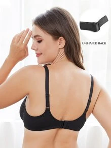 WINGSLOVE Plus Size Rhinestone Detail U-Shaped Back Lace Wireless Bra - Black - View 2