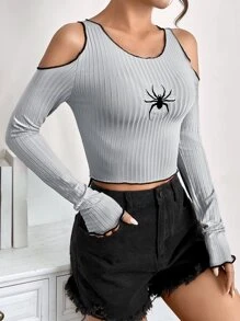 SHEIN ICON Spider Embroidery Crop Tee - Grey - View 4