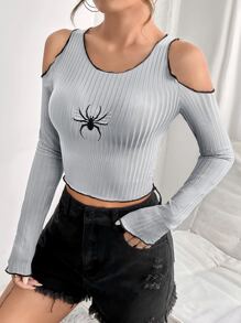SHEIN ICON Spider Embroidery Crop Tee - Grey - View 5