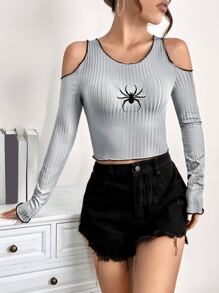 SHEIN ICON Spider Embroidery Crop Tee - Grey - View 6